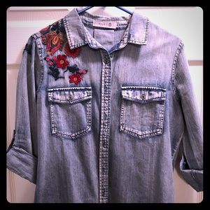 Embroidered Blue jean button down shirt.